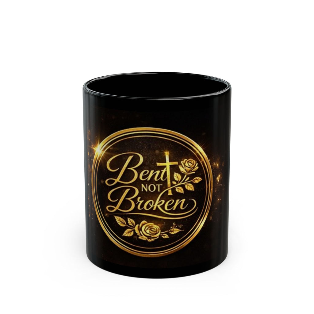 Bent Not Broken Black Coffee Mug — Inspirational Christian Cross & Rose Design (11oz/15oz)