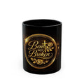 Bent Not Broken Black Coffee Mug — Inspirational Christian Cross & Rose Design (11oz/15oz)