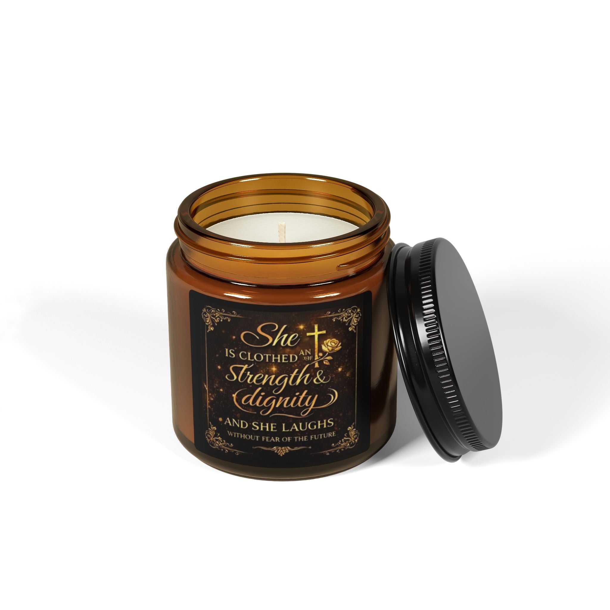 Inspirational Soy Candle — "She Is Clothed with Strength & Dignity" Amber Jar