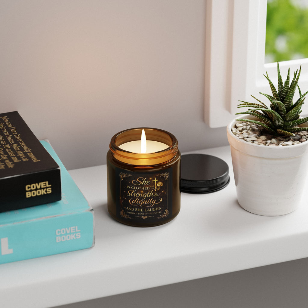 Inspirational Soy Candle — "She Is Clothed with Strength & Dignity" Amber Jar