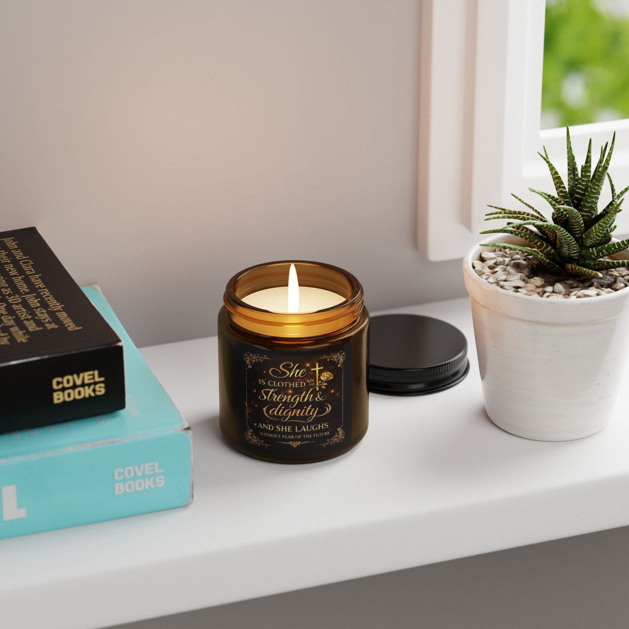Inspirational Soy Candle — "She Is Clothed with Strength & Dignity" Amber Jar