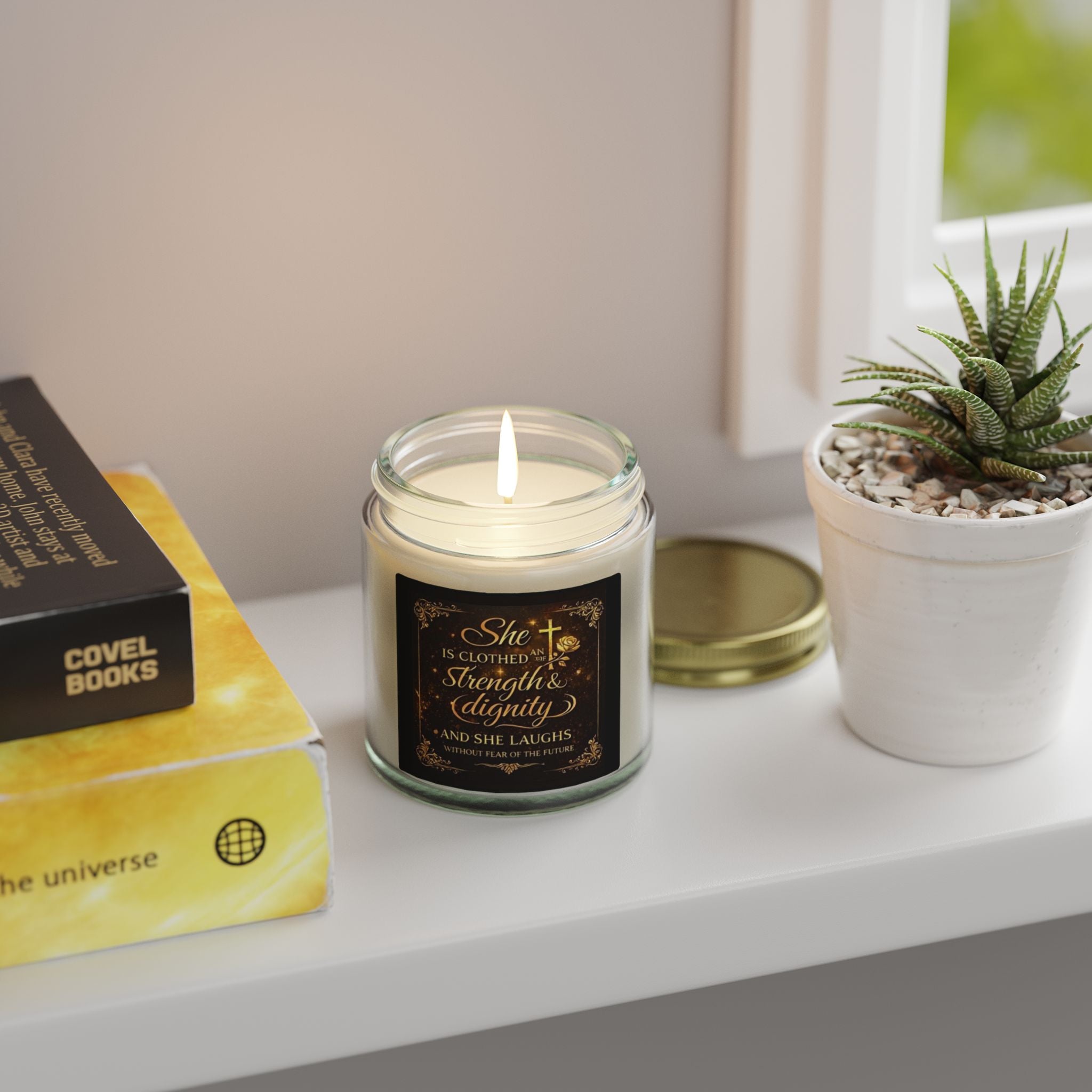 Inspirational Faith Candle — “She Is Clothed with Strength & Dignity” Coconut Apricot (4oz/9oz)