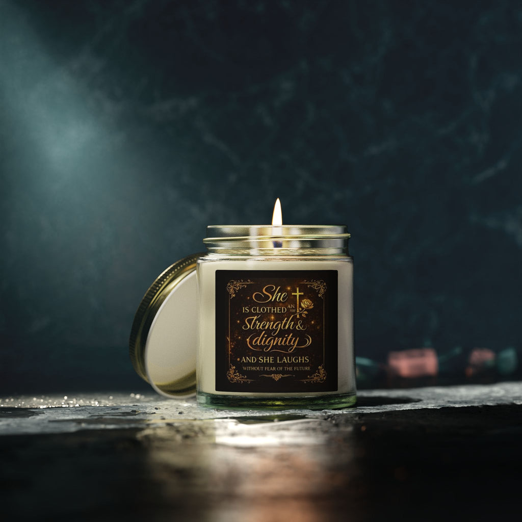 Inspirational Faith Candle — “She Is Clothed with Strength & Dignity” Coconut Apricot (4oz/9oz)