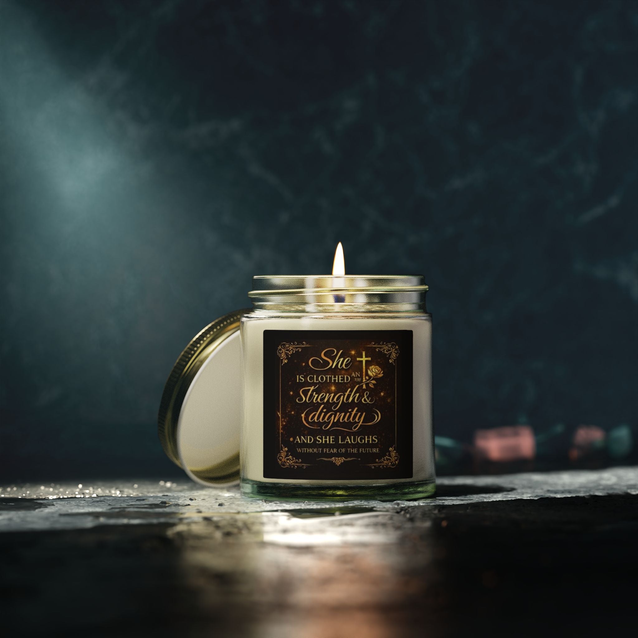 Inspirational Faith Candle — “She Is Clothed with Strength & Dignity” Coconut Apricot (4oz/9oz)