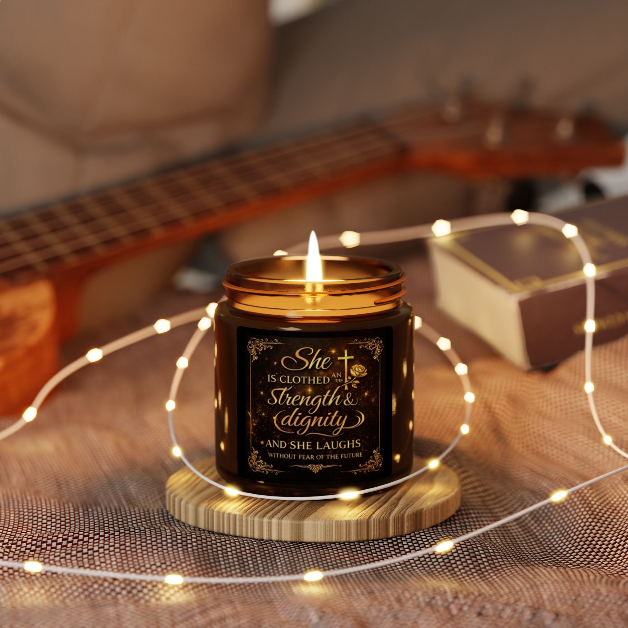 Inspirational Soy Candle — "She Is Clothed with Strength & Dignity" Amber Jar