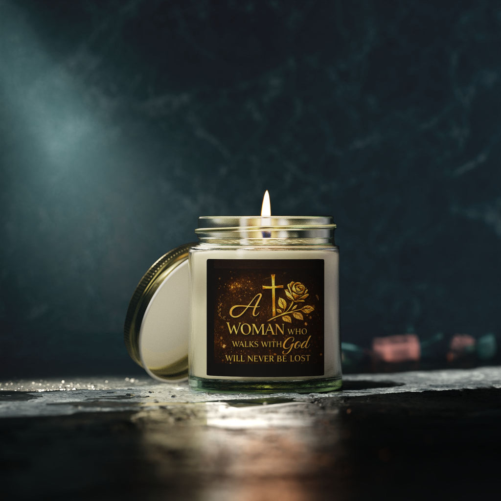Inspirational Christian Candle — "A Woman Who Walks with God" Coconut Apricot Wax Jar (4oz/9oz)