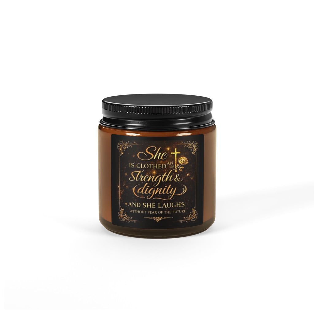 Inspirational Soy Candle — "She Is Clothed with Strength & Dignity" Amber Jar