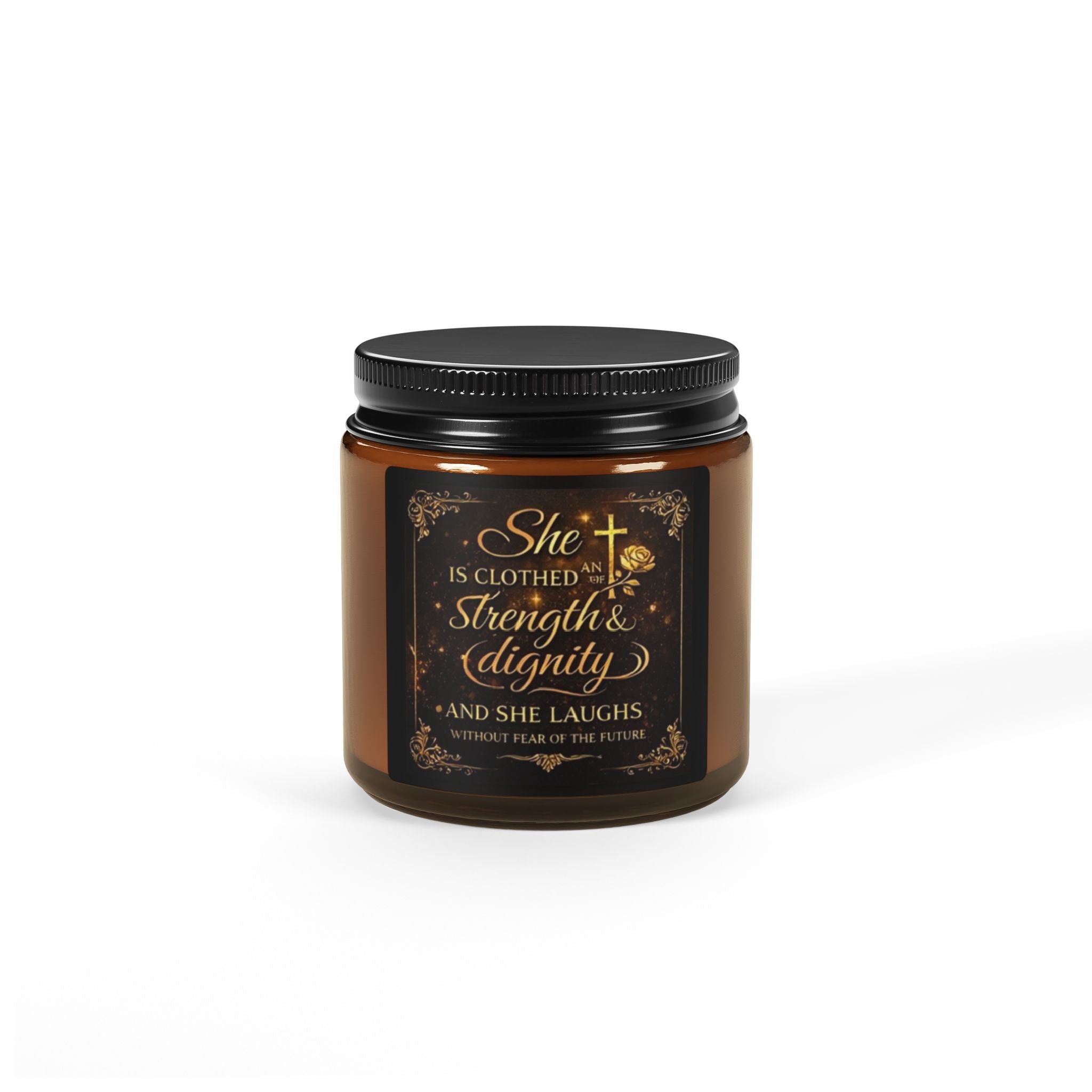 Inspirational Soy Candle — "She Is Clothed with Strength & Dignity" Amber Jar