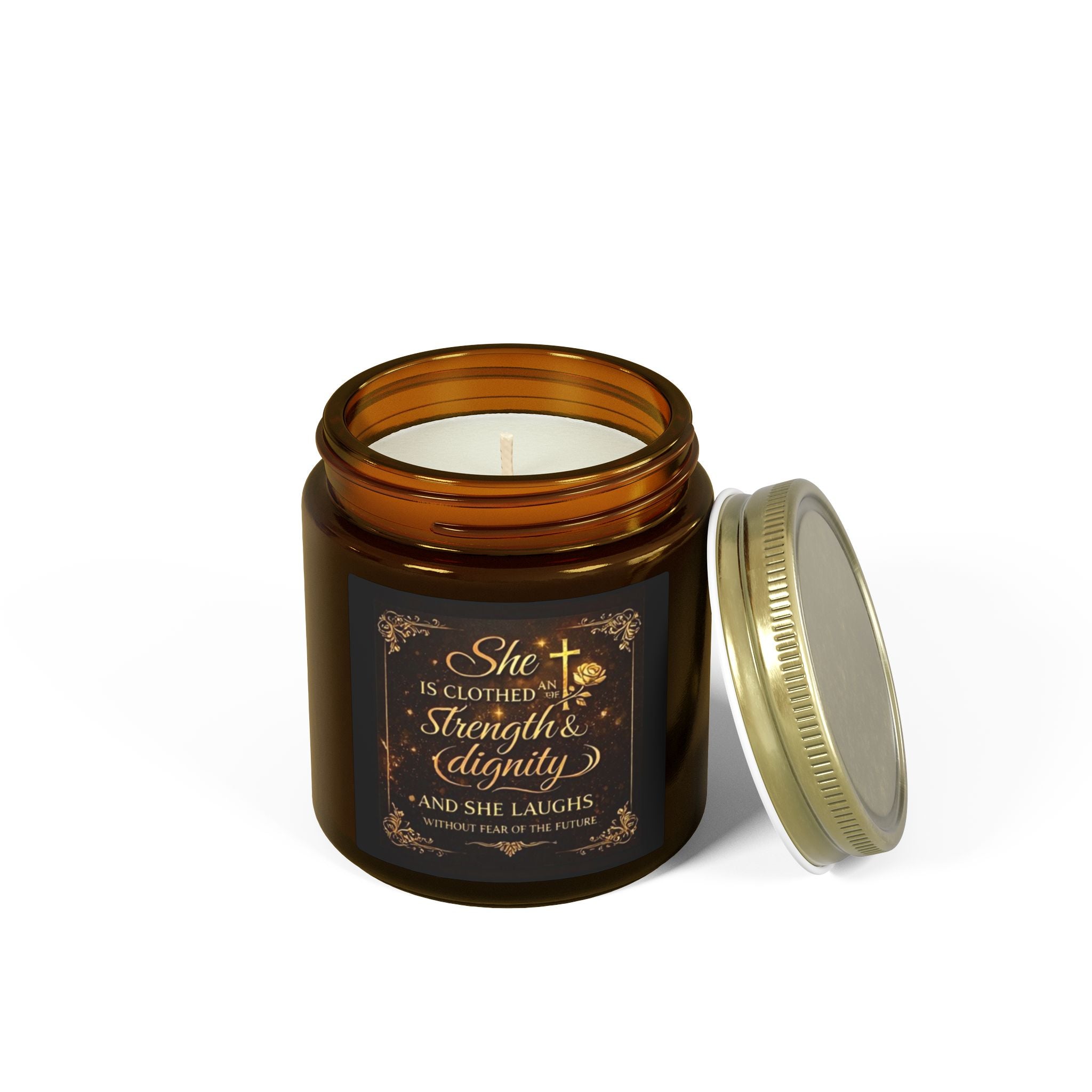 Inspirational Faith Candle — “She Is Clothed with Strength & Dignity” Coconut Apricot (4oz/9oz)