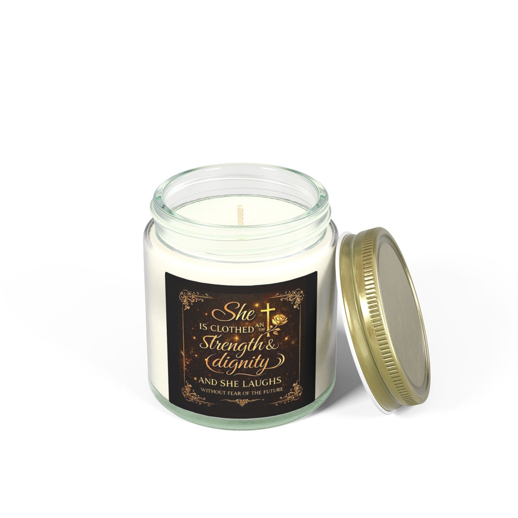 Inspirational Faith Candle — “She Is Clothed with Strength & Dignity” Coconut Apricot (4oz/9oz)