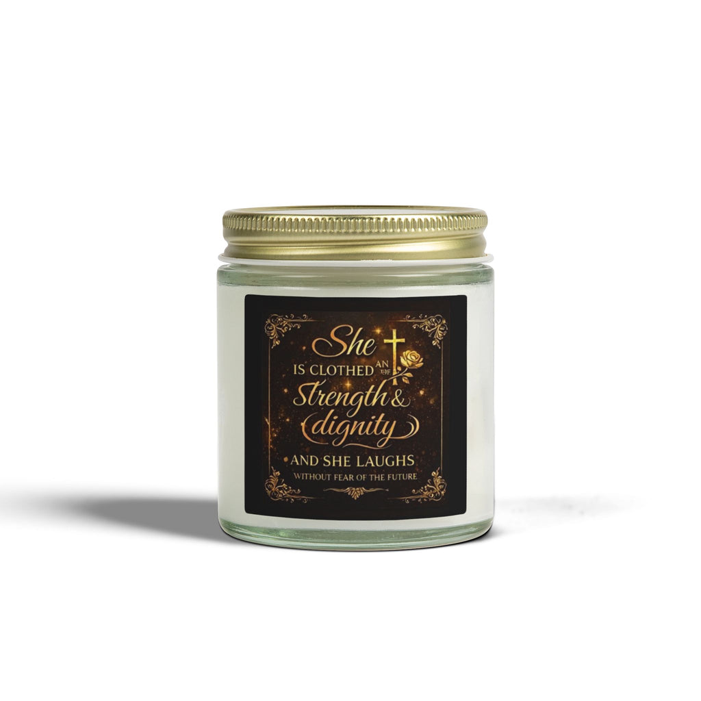 Inspirational Faith Candle — “She Is Clothed with Strength & Dignity” Coconut Apricot (4oz/9oz)