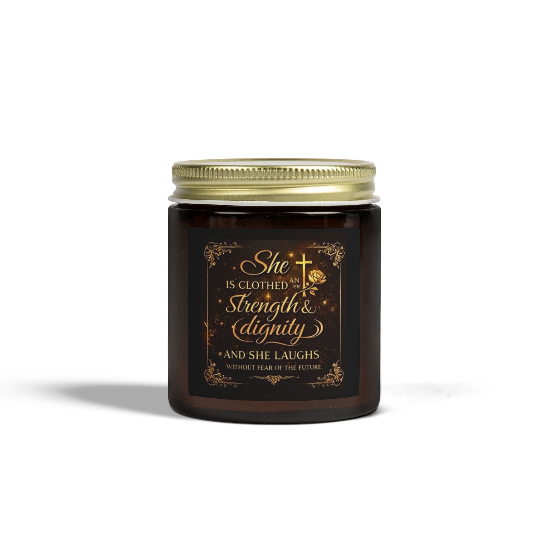 Inspirational Faith Candle — “She Is Clothed with Strength & Dignity” Coconut Apricot (4oz/9oz)