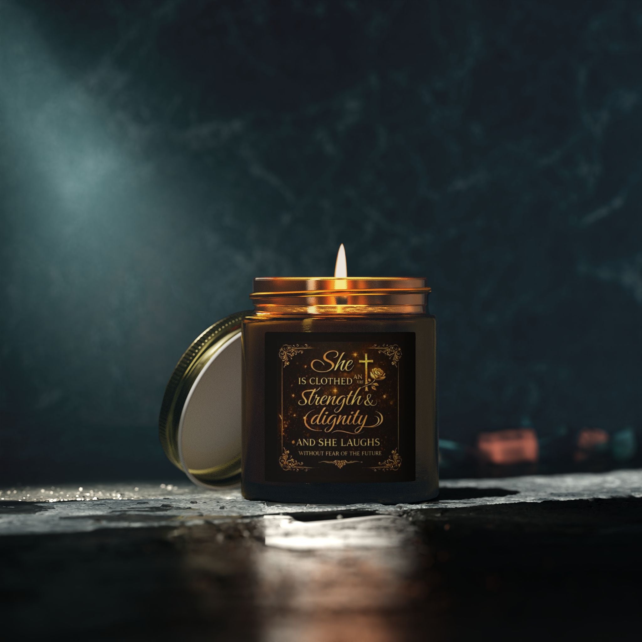 Inspirational Faith Candle — “She Is Clothed with Strength & Dignity” Coconut Apricot (4oz/9oz)