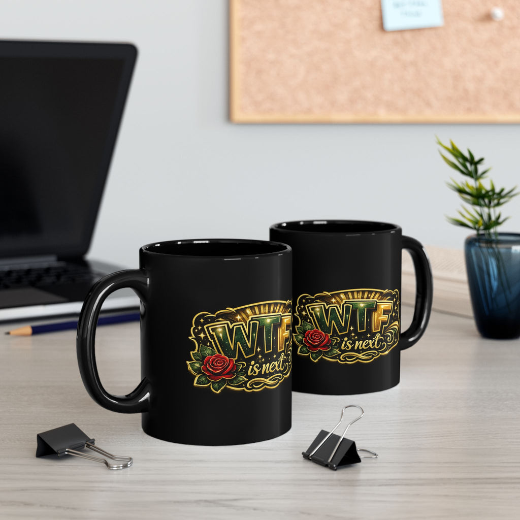 WTF Is Next? Black Ceramic Mug – Funny Retro Tattoo-Style Coffee Cup (11oz/15oz)
