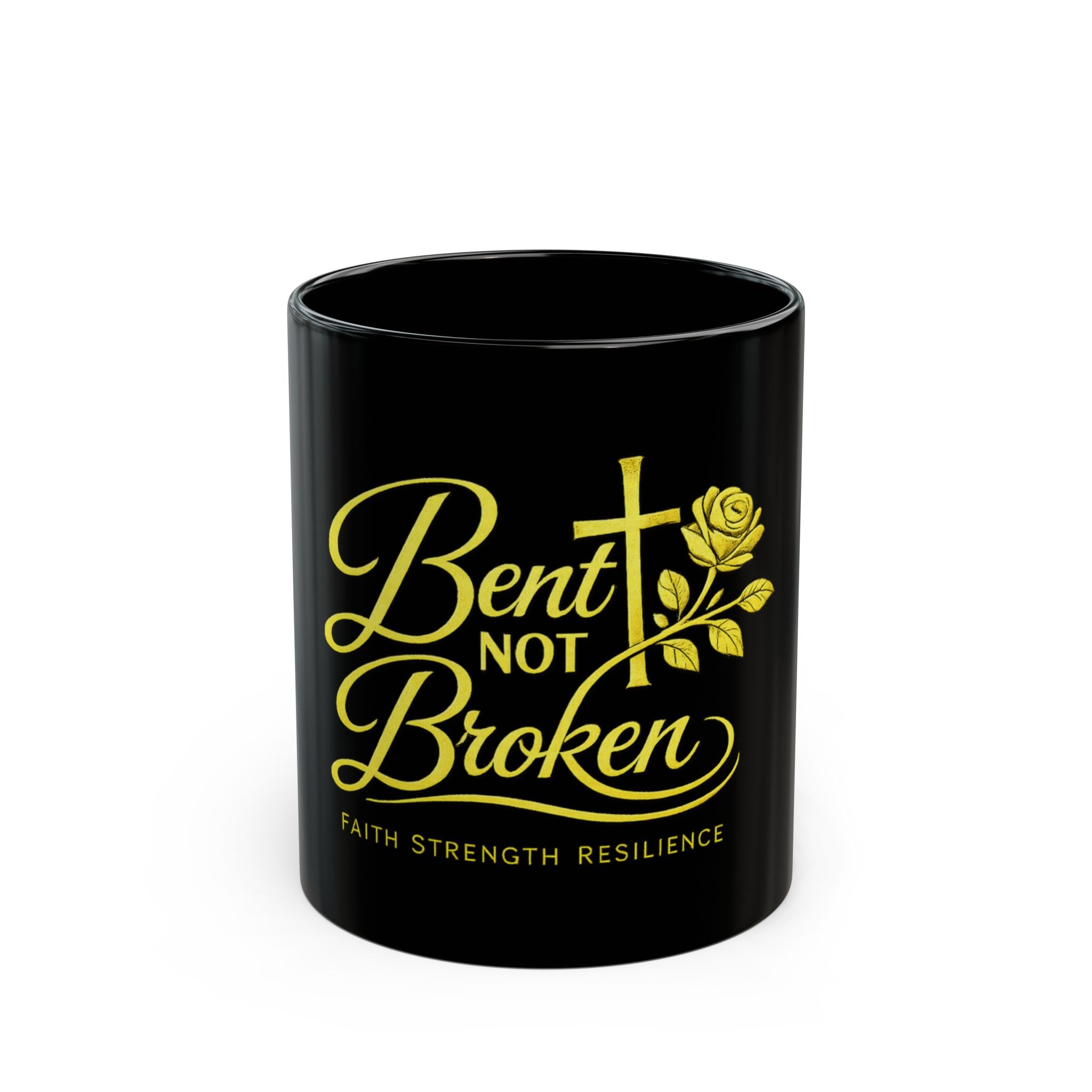 Bent Not Broken Black Mug — Faith, Strength & Resilience Coffee Cup